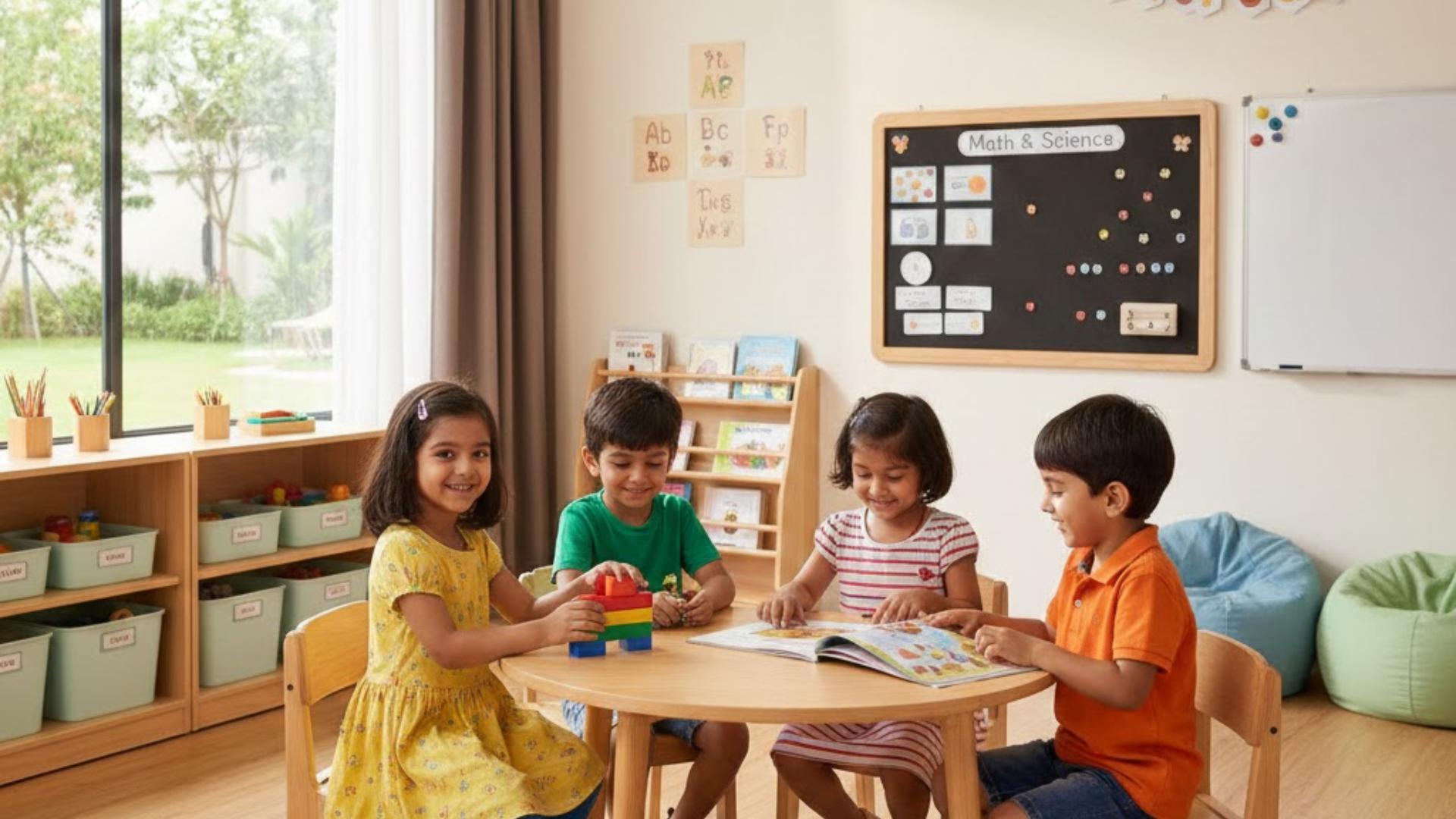 The image depicts young children engaged in various activities within a clean and vibrant classroom, filled with educational materials and designated learning corners. This nurturing environment promotes early childhood education and supports the holistic development of cognitive and social skills essential for their future academic success.