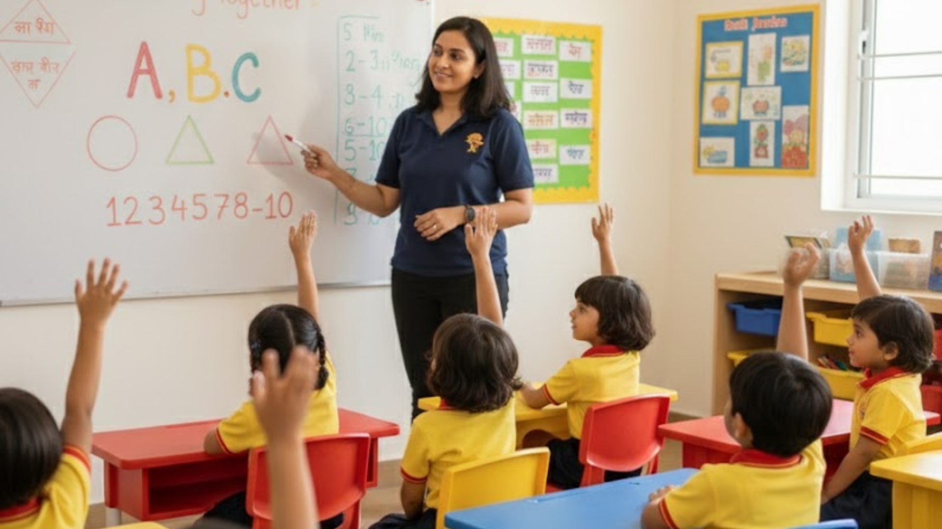The image features a group of Indian children engaged in playful learning activities under the guidance of an Indian teacher, highlighting the importance of early childhood education. This scene reflects a nurturing environment that promotes cognitive and social skills, essential for young learners' holistic development.