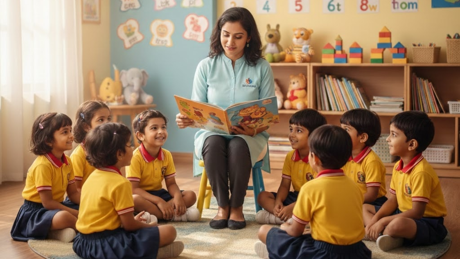 A vibrant preschool classroom filled with child-sized furniture and colorful learning corners, designed to foster early childhood education. Shelves stocked with educational materials encourage younger children to engage in play-based learning and develop essential skills in a nurturing environment.
