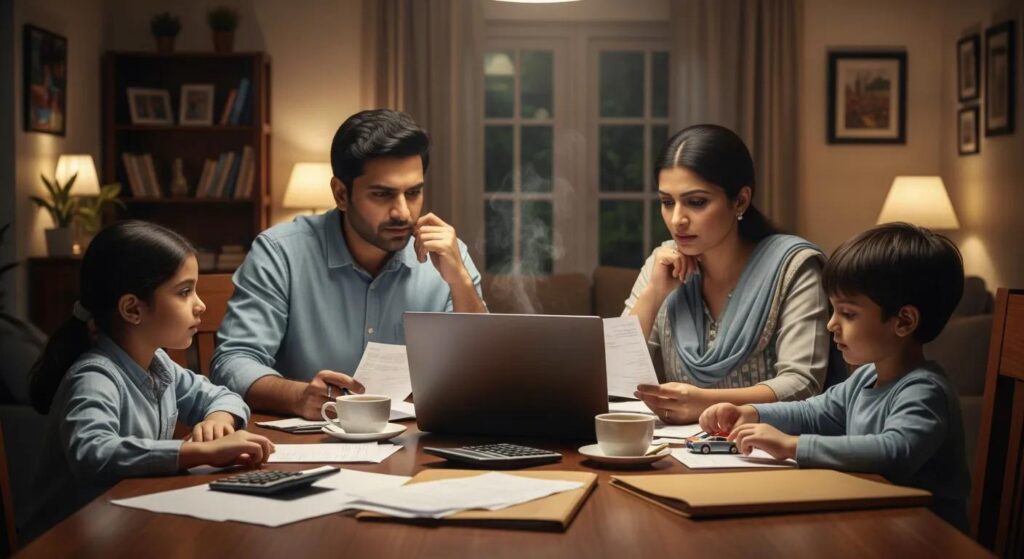 A realistic indoor scene of a middle-class Indian family sitting around a wooden dining table in a warm, softly lit home. An Indian father and mother are reviewing household bills and documents with a laptop open in the center. Two young Indian children (one boy, one girl) sit with them &mdash; the girl listening attentively while the boy plays with a small toy car. Papers, folders, and a calculator are spread across the table. Steam rises from two cups of tea. The parents look slightly concerned and focused, discussing finances. Background shows a cozy Indian home setting with a bookshelf and framed family photos. Warm lighting, natural expressions, candid moment, high realism, cinematic composition.