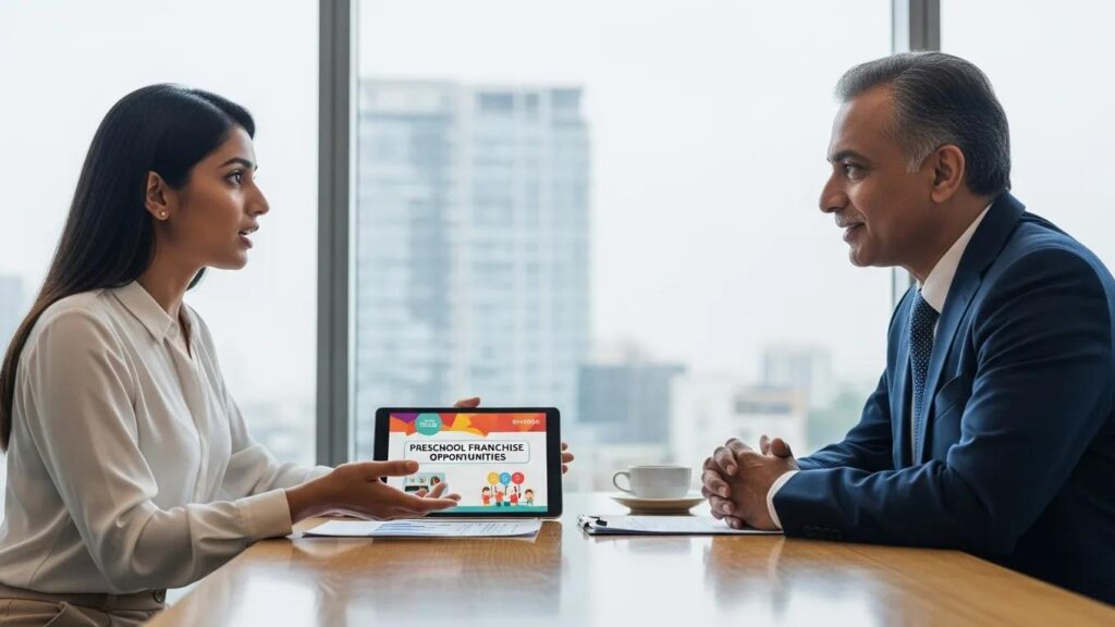 Indian entrepreneur discussing preschool franchise opportunities with a mentor