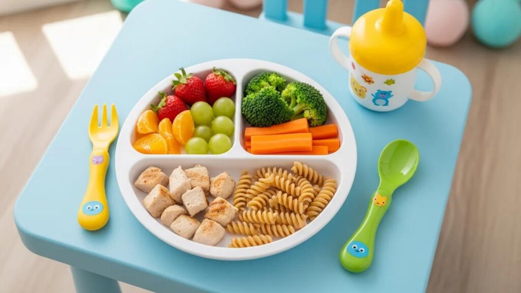Balanced preschool plate with fruits, vegetables, whole grains, and proteins