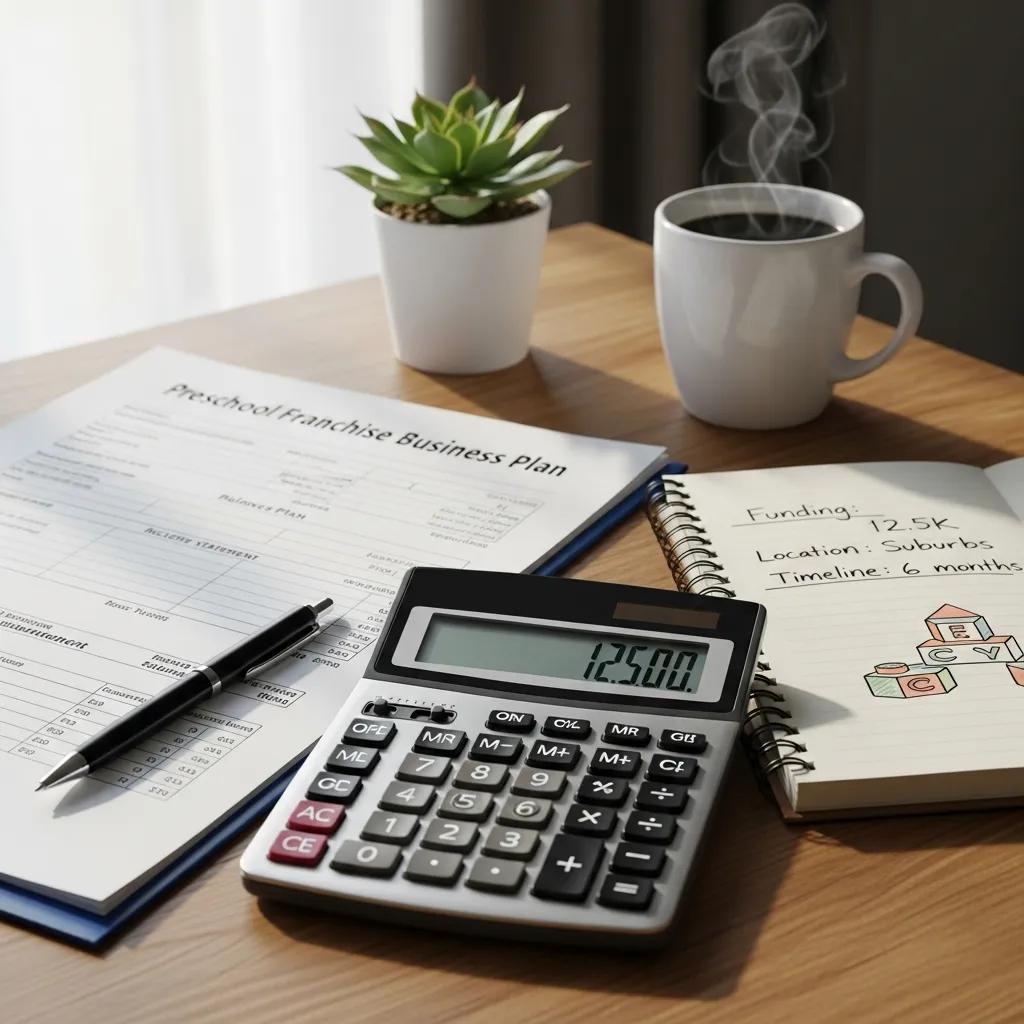 Calculator and financial documents representing investment costs for preschool franchises