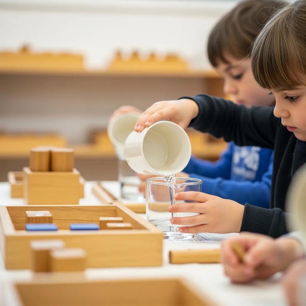 Child practicing practical life skills, pouring water in a Montessori activity