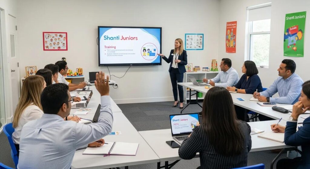 Franchisees in a training session with an instructor at Shanti Juniors