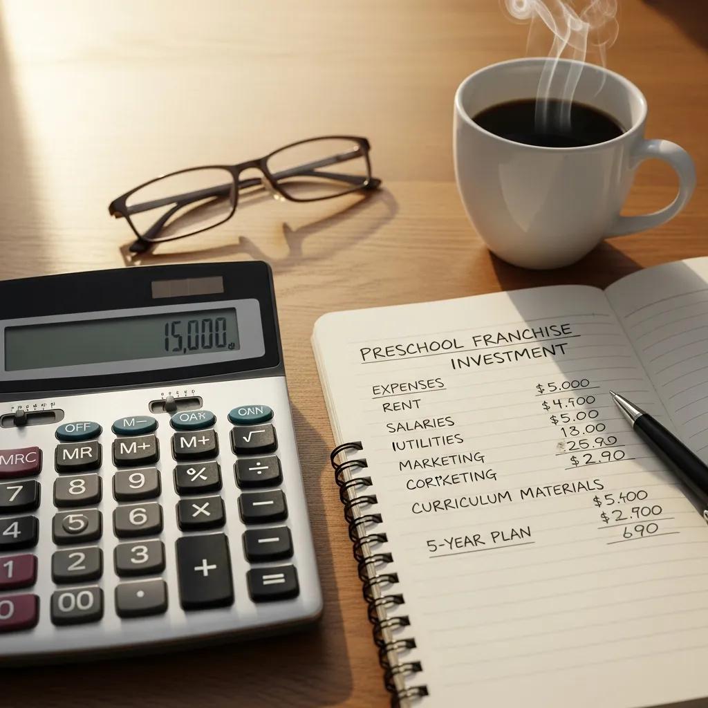 Financial planning scene with a calculator and notepad, highlighting investment considerations for preschool franchises