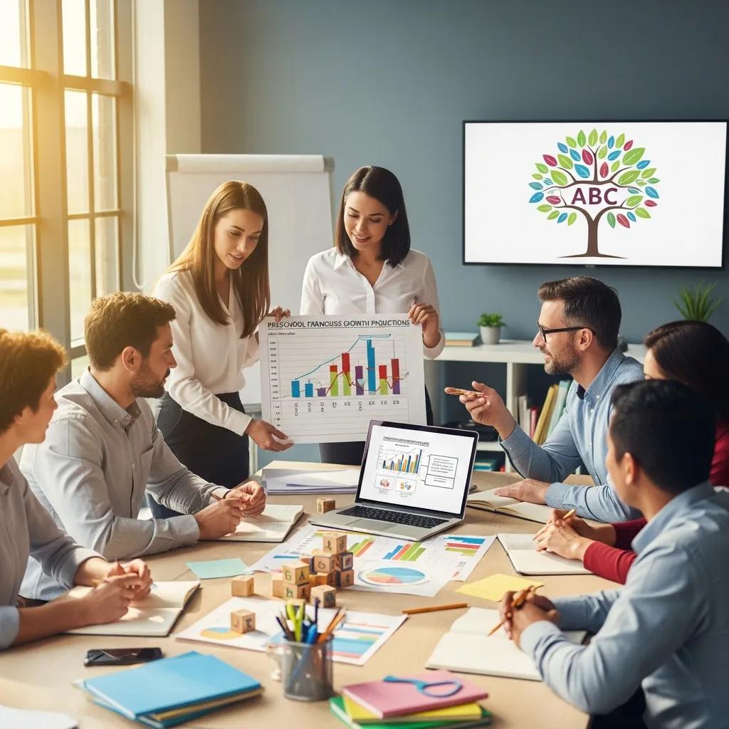 Team discussing location, finances and operations while planning a preschool franchise launch