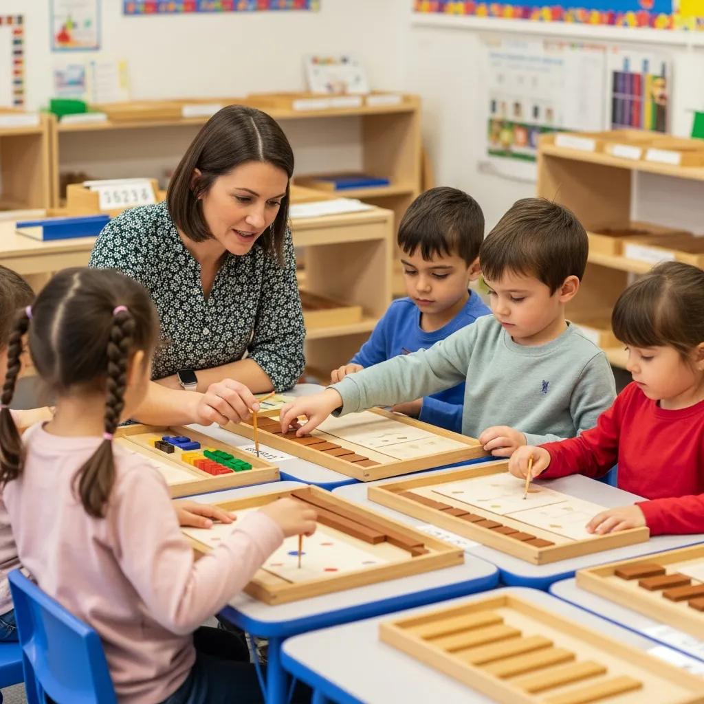 Montessori teacher guiding children through activities in a classroom