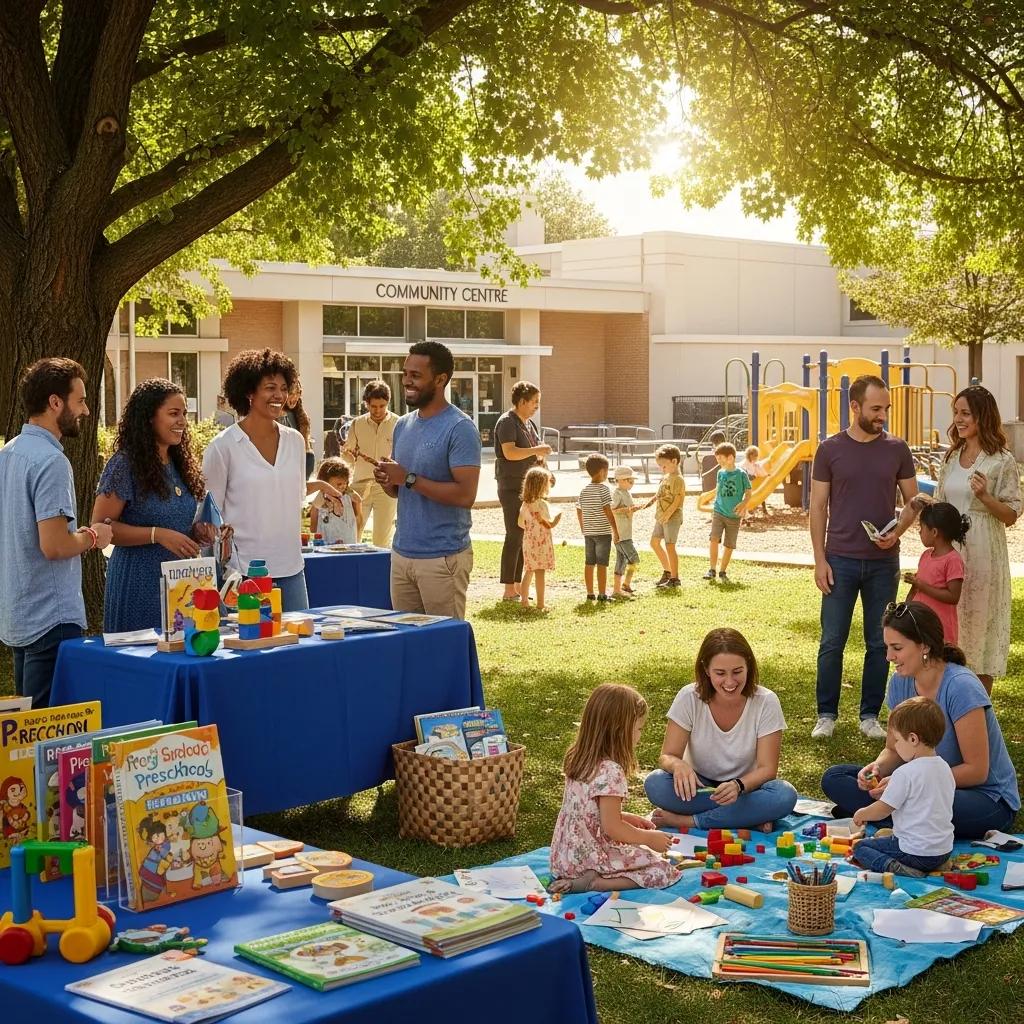 Parents collaborating and sharing resources at a community event focused on preschool education
