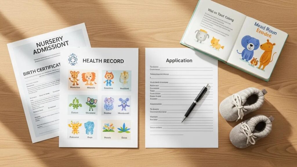 Flat lay of essential nursery admission documents for parents organizing their checklist