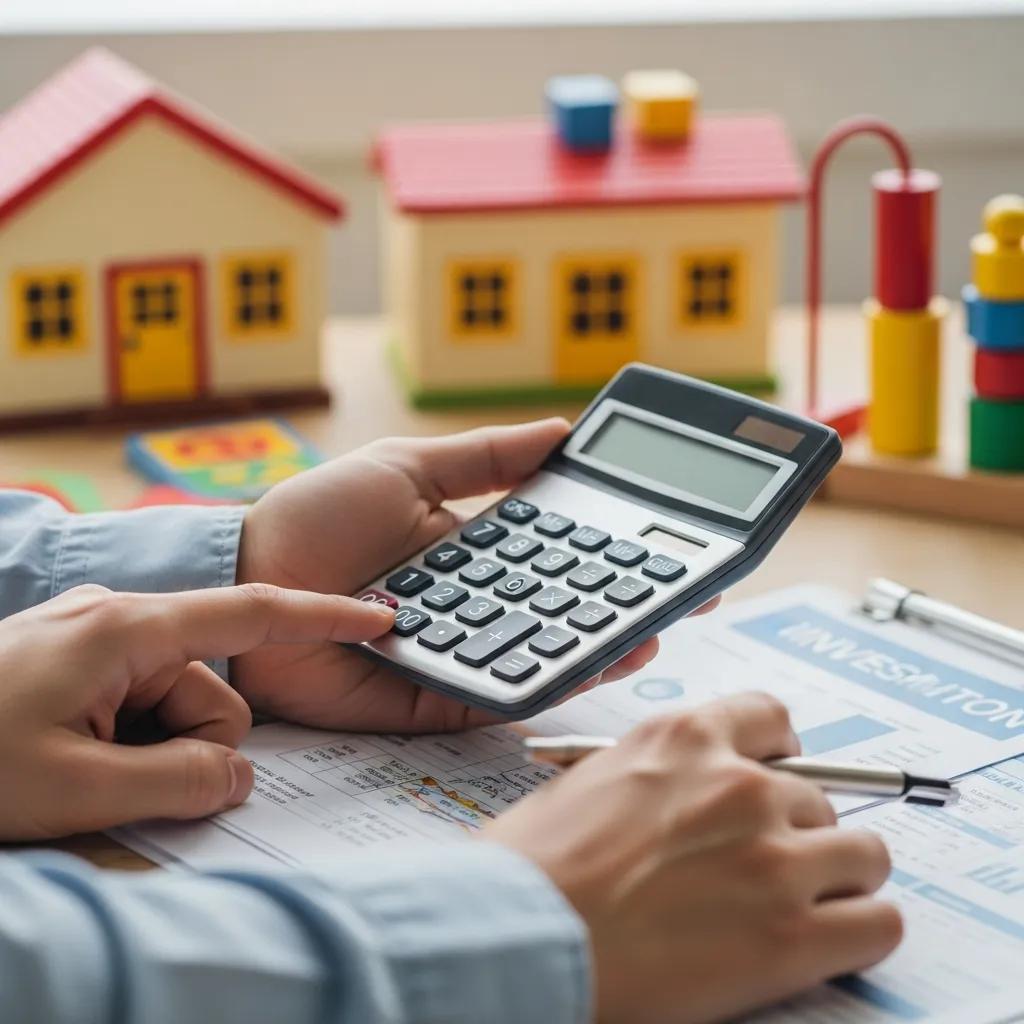 Hands with calculator and financial documents related to preschool franchise investment