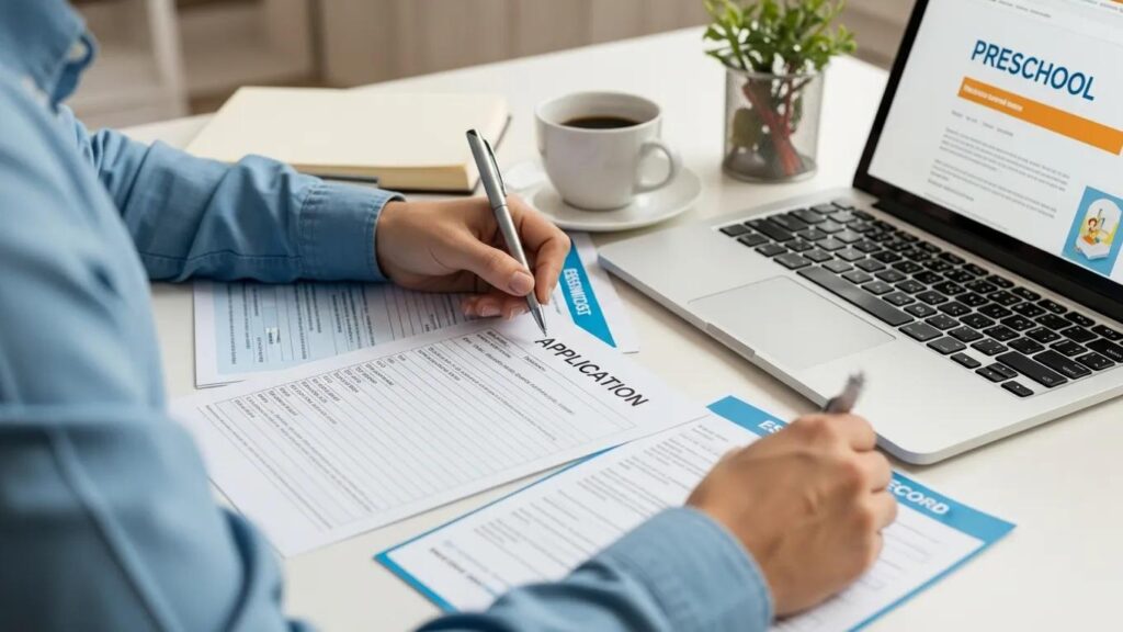 Parent filling out a preschool application form with necessary documents