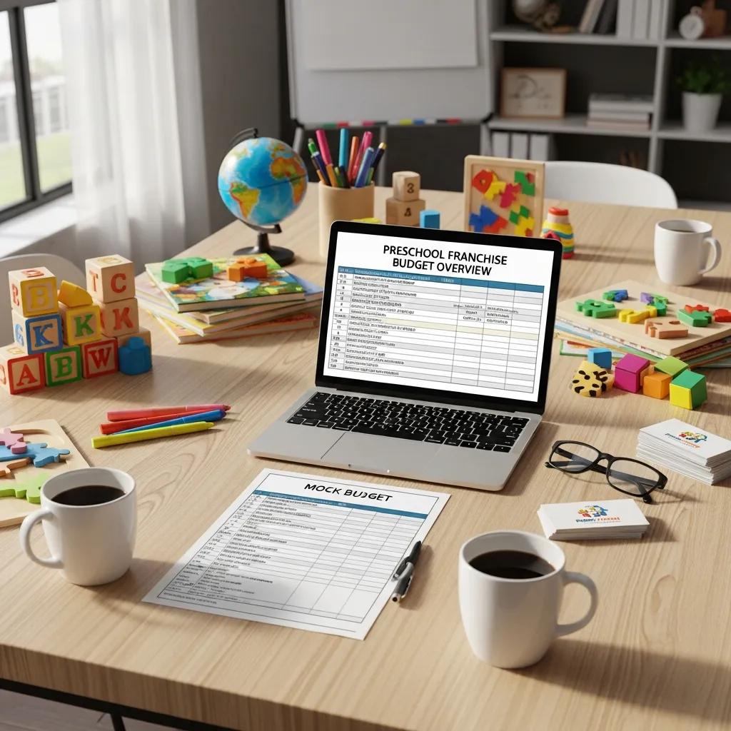 Table with educational materials and budget documents representing investment costs in preschool franchises