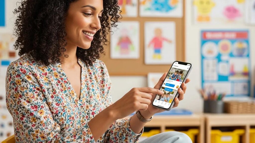 Teacher interacting with parents through social media on a smartphone in a preschool setting
