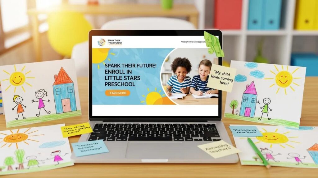 Visual representation of social media advertising for a preschool, emphasizing the role of digital platforms in enhancing franchise visibility and enrollment.