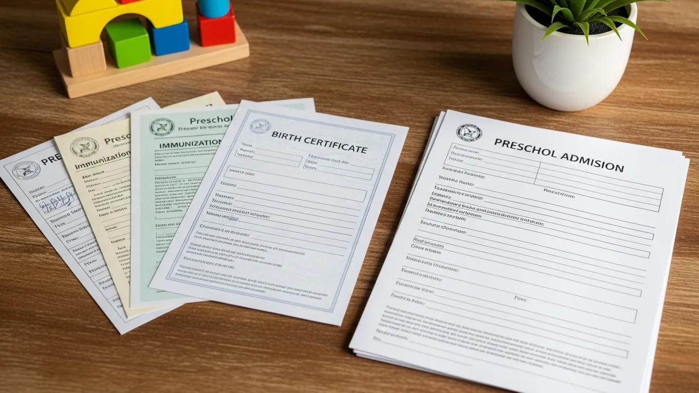 Essential documents for preschool admission applications arranged neatly, highlighting the importance of preparation.