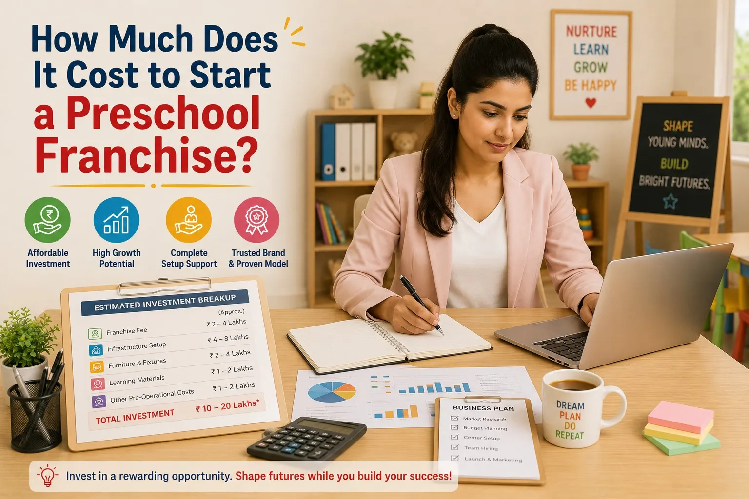 Woman entrepreneur working on laptop, Shanti Juniors preschool franchise investment details.