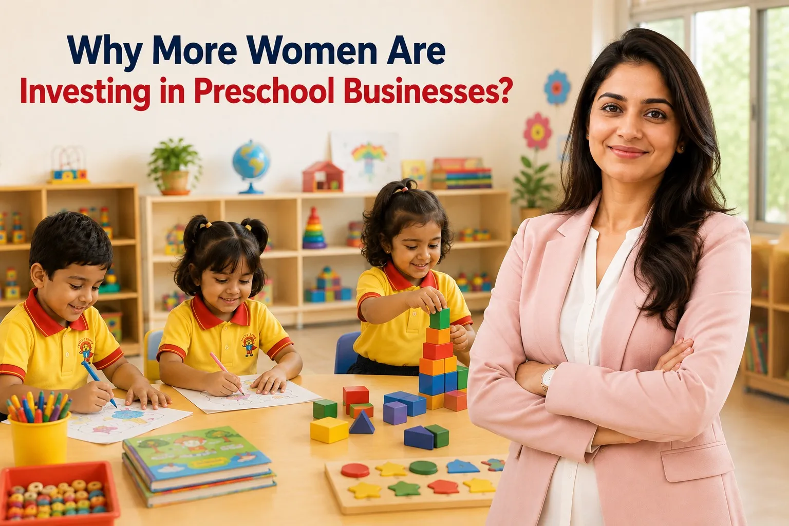 Woman entrepreneur and children in Shanti Juniors preschool classroom, investing in early childhood education.