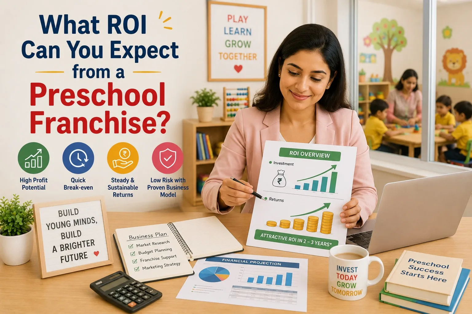 Woman reviewing preschool franchise ROI charts and business planning materials.